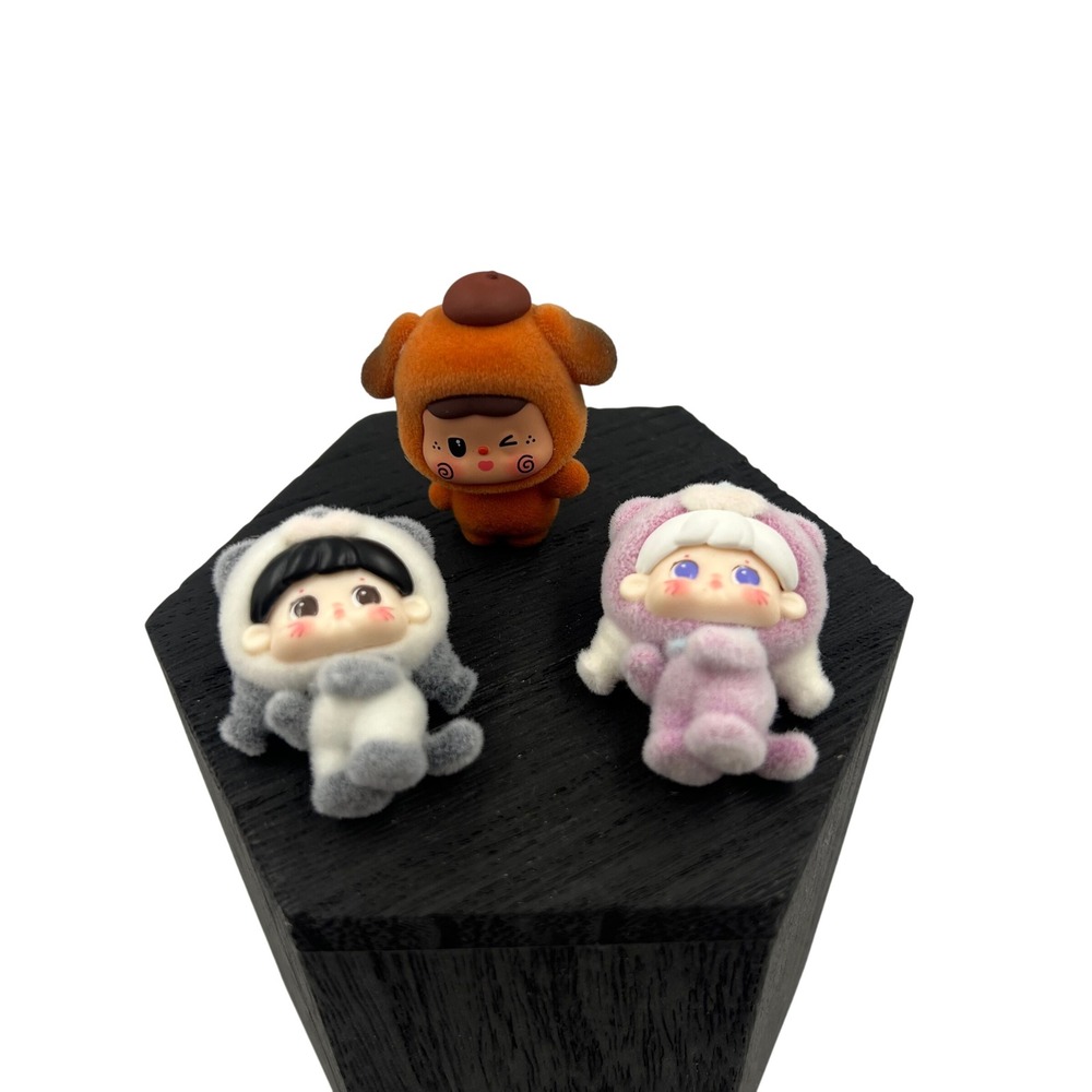 BAOBAO Brown Dog & Animal Costume Mini Flocked Figures Lot of 3 Kawaii Toys